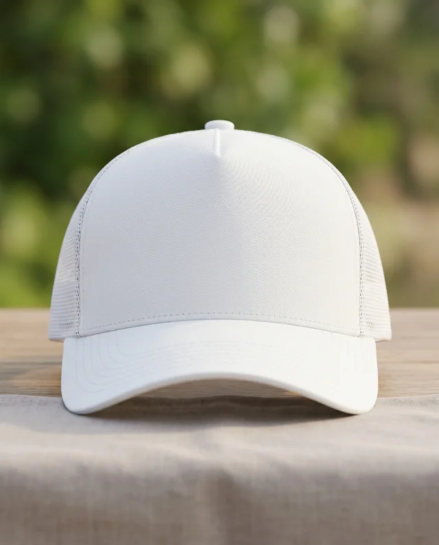 Elegant White Hat Mockup on Wooden Table with Nature Backdrop