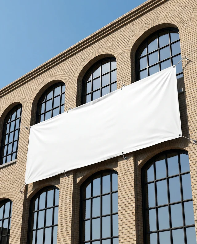Large White Banner Mockup on Modern Brick Wall