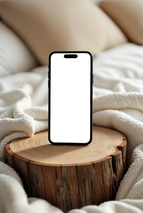Modern iPhone 16 Pro Max Mockup on Rustic Wooden Stump