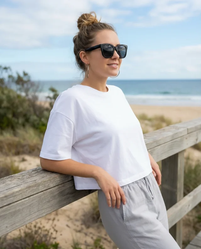 Casual Beach Mockup Featuring a Stylish Crop Top Look