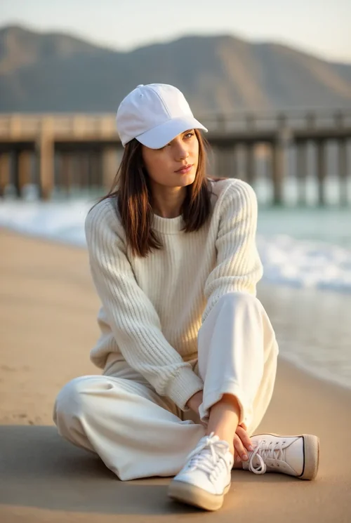 Serene Beach Mockup: Woman in White Cap and Sweater
