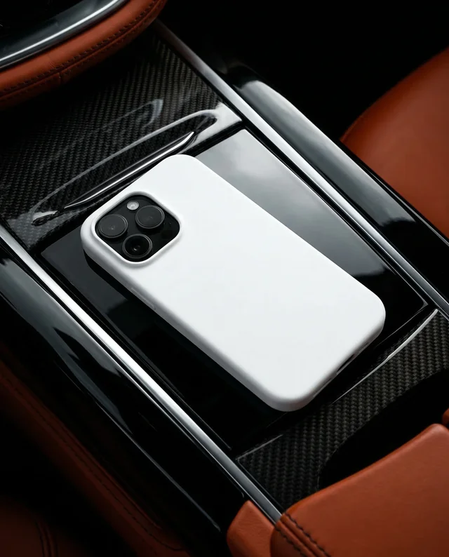 Sleek White Phone Cover Mockup on Luxury Car Console