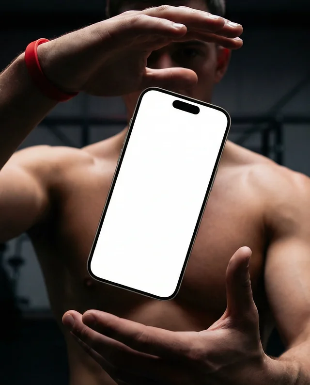 Muscular Male Mockup with iPhone in Gym Setting