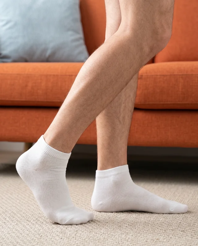 Cozy Socks Mockup Featuring White Ankle Socks in Living Room