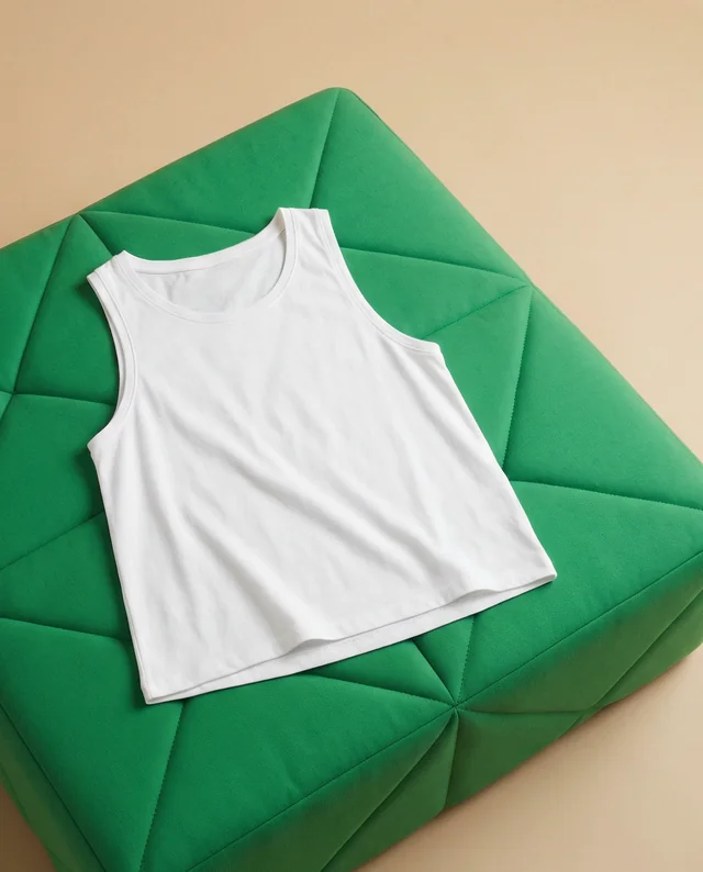 Casual White Tank Top Mockup on Green Geometric Cushion