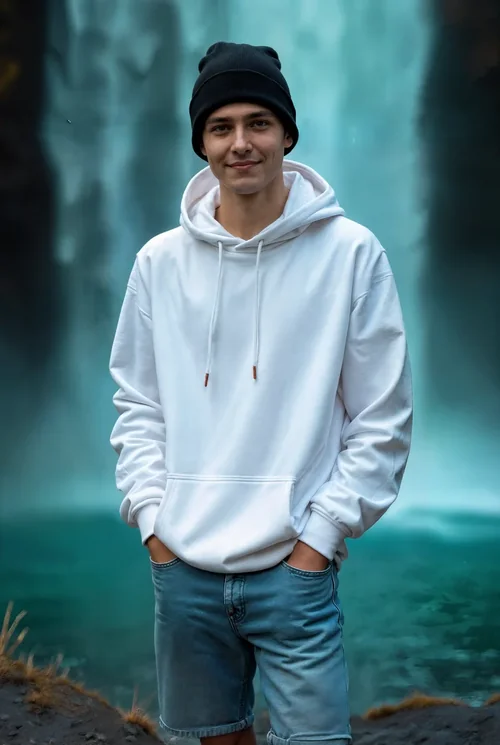 Vibrant Waterfall Mockup with Cozy Hoodie and Colors