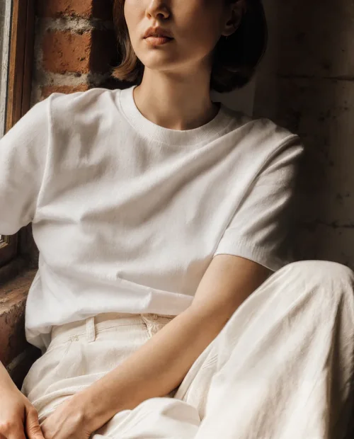 Stylish T-Shirt Mockup of a Relaxed Young Woman