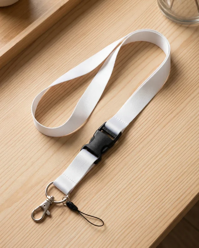 Elegant White Lanyard Mockup on Light Wooden Surface