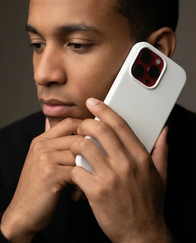 Thoughtful Young Man with Sleek Phone Cover Mockup
