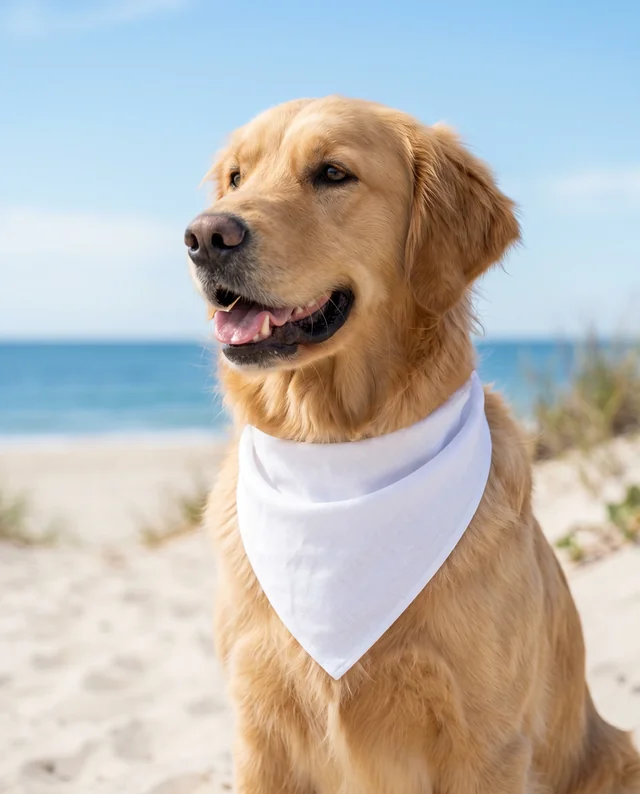 Joyful Golden Retriever with Bandana Mockup at the Beach