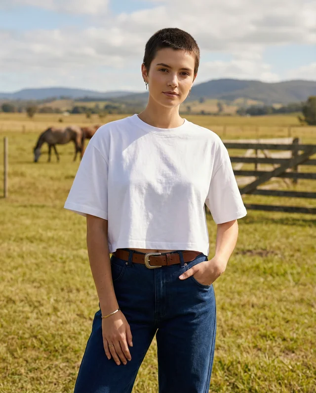 Confident Woman in Crop Top Mockup in Rural Landscape