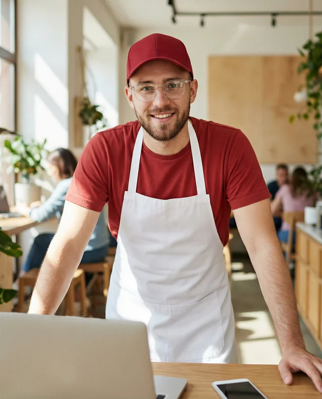 Cheerful Young Man in Apron Mockup at Modern Café