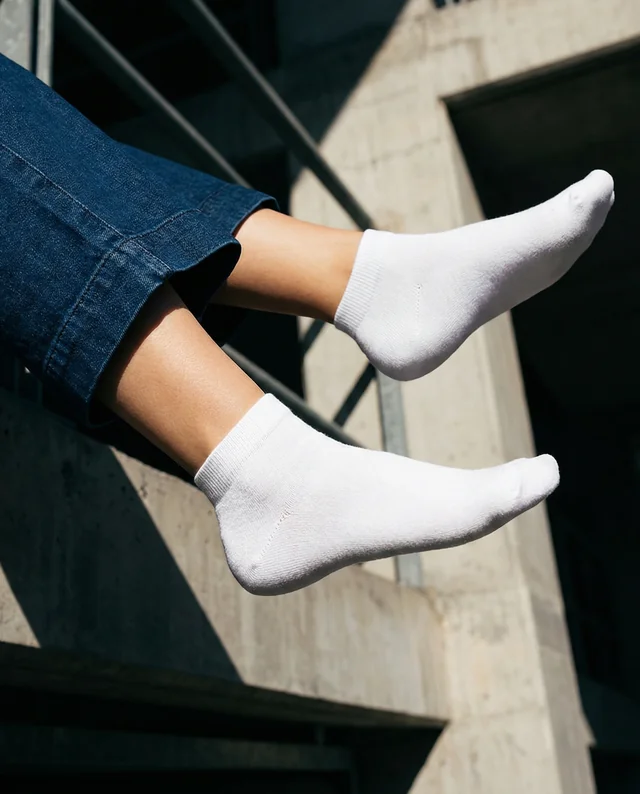 Playful Mockup of Feet in White Socks on Concrete Ledge