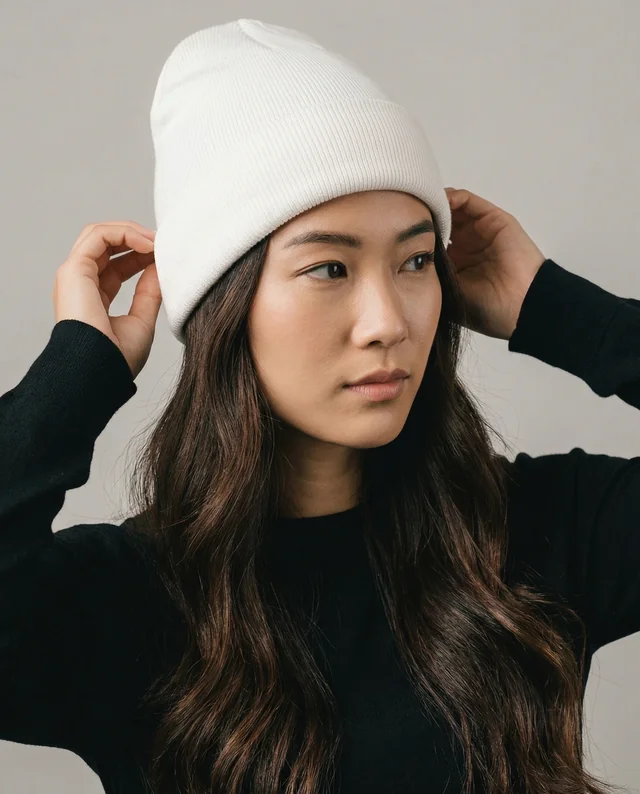 Contemporary Beanie Mockup with Young Woman in Minimalist Style