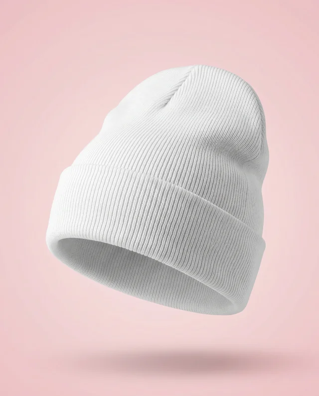 Floating White Ribbed Beanie Mockup on Pastel Pink Background