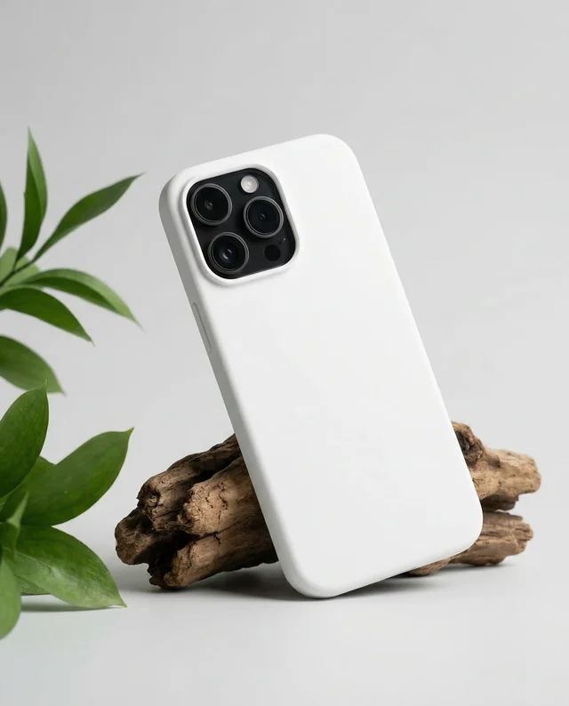 Elegant Mockup of a Glossy Phone Cover on Driftwood