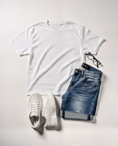 Casual T-Shirt Mockup with Denim Shorts and Sneakers