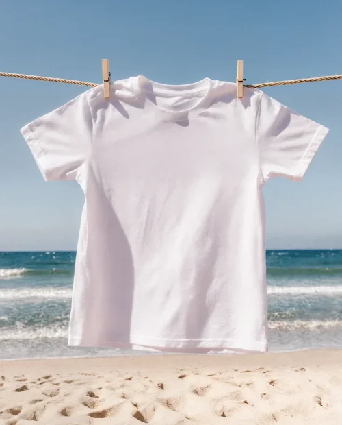 Summer T-Shirt Mockup on a Clothesline by the Beach