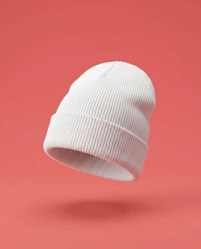 Floating White Ribbed Beanie Mockup on Coral Background