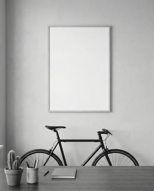 Minimalist Poster Mockup with Black Bicycle and Desk