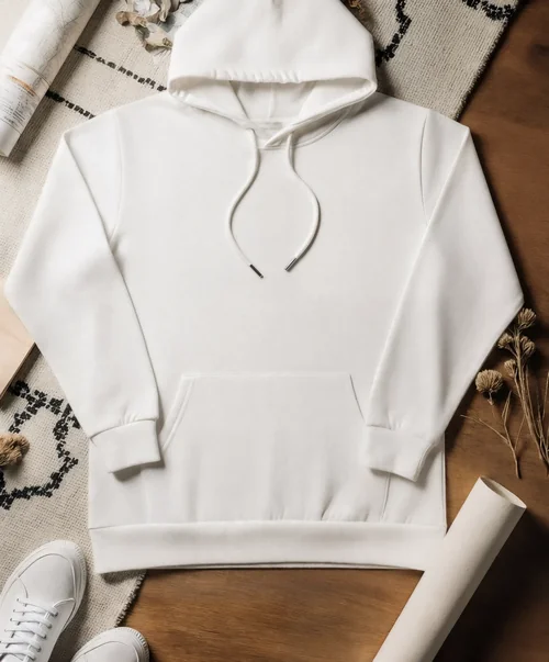 Stylish Hoodie Mockup on Textured Wooden Surface