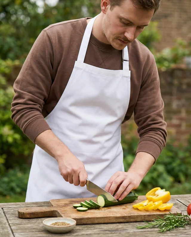 Young Man in Apron Chopping Zucchini Mockup in Garden