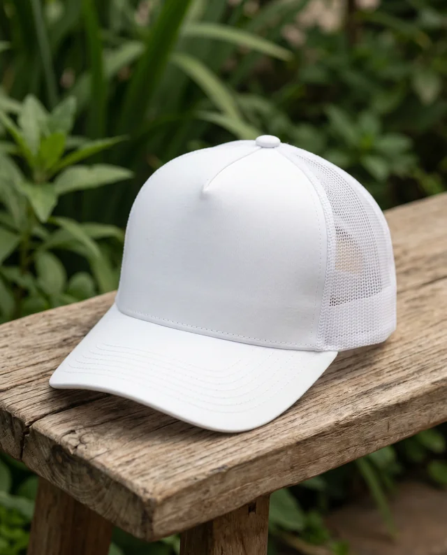 Stylish White Hat Mockup on Rustic Wooden Bench