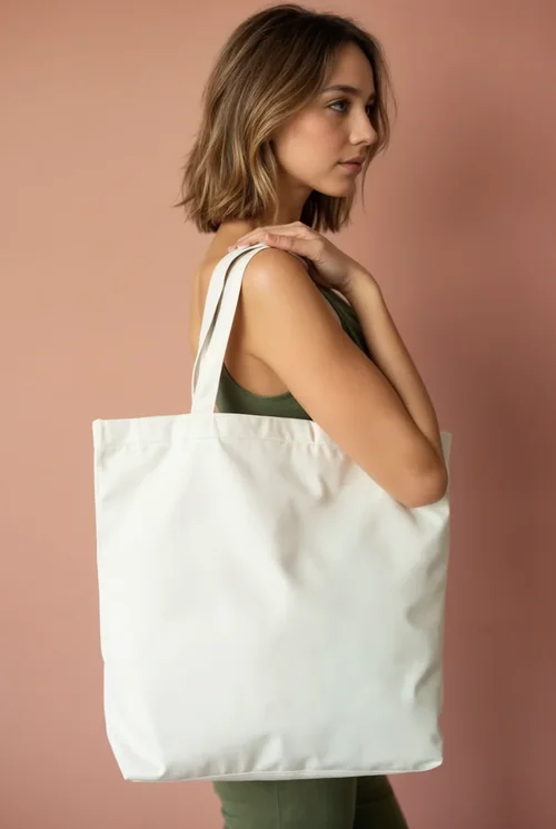 Mockup of a Minimalist Tote Bag with Woman Model