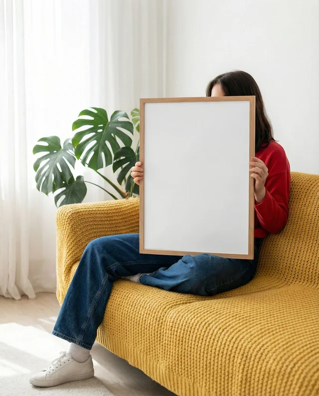 Cozy Living Room Mockup with Poster Frame