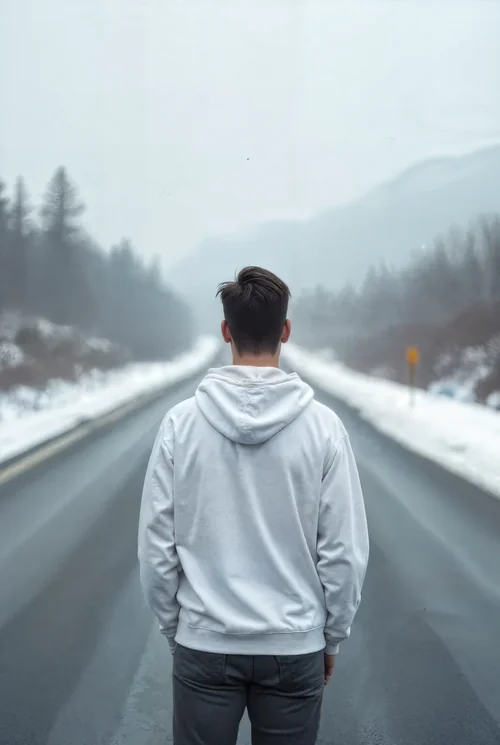 Mockup of a Solitary Figure in a Hoodie with Foggy Background