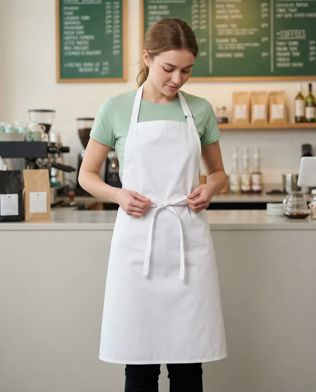 Cozy Café Mockup Featuring Young Woman in Apron