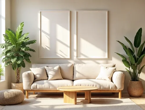 Serene Living Room Mockup with Soft Beige and Green Poster