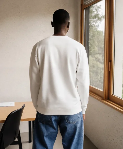 Mockup of a Young Man in a Sweatshirt in Minimal Room