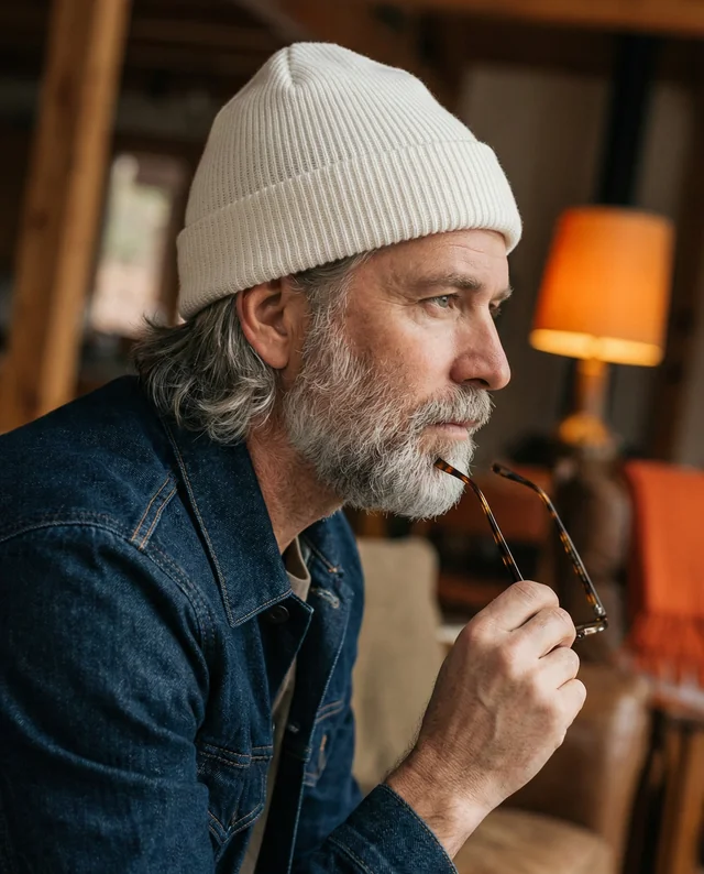 Thoughtful Man in Cozy Beanie Mockup for Warm Interiors