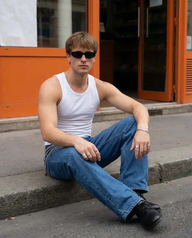 Casual Young Man in Fitted Tank Top Urban Mockup Scene