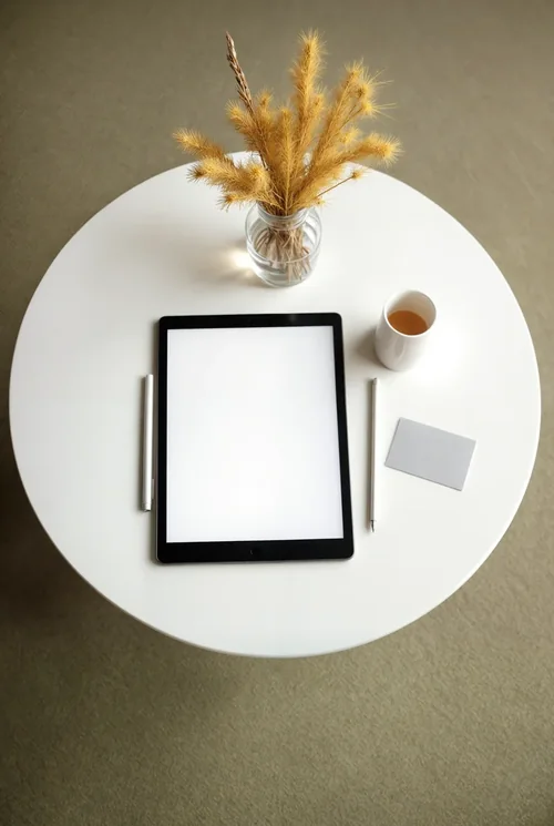 Mockup of iPad Pro on a Round Table with Minimalist Style