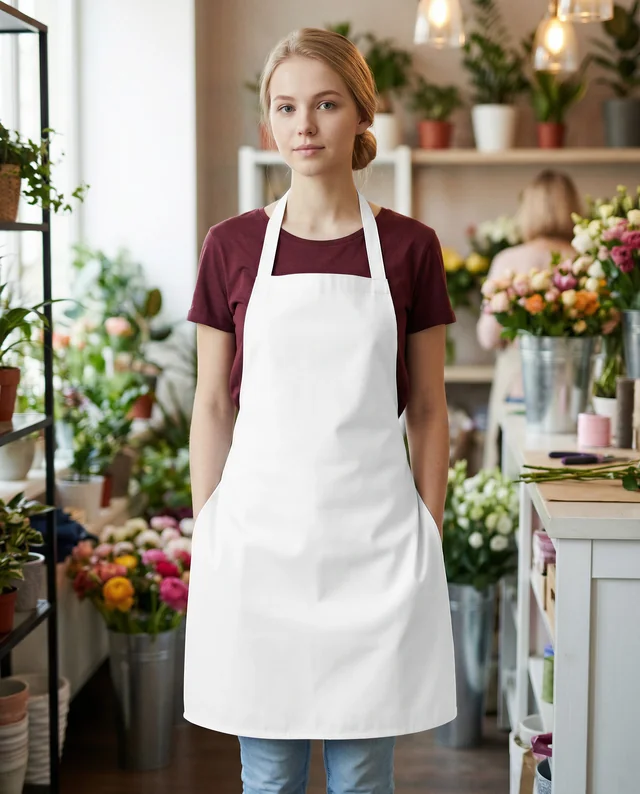 Confident Woman in Apron at Vibrant Flower Shop Mockup