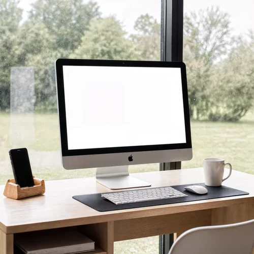 Modern iMac Mockup in a Serene Home Office Scene