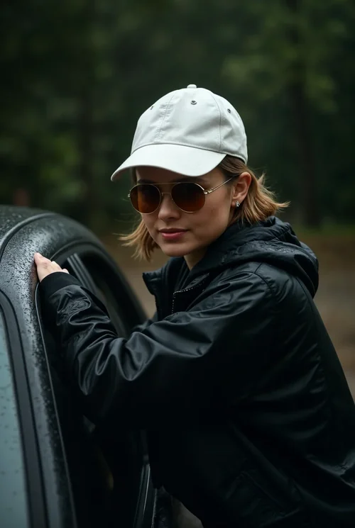 Casual Mockup of a Woman in a Hat and Cap by Car Window