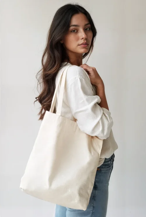 Stylish Tote Bag Mockup with Young Woman in Casual Outfit
