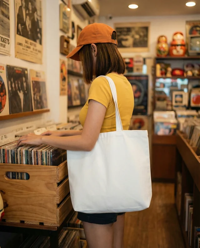 Stylish Mockup of a Tote Bag in a Cozy Record Store