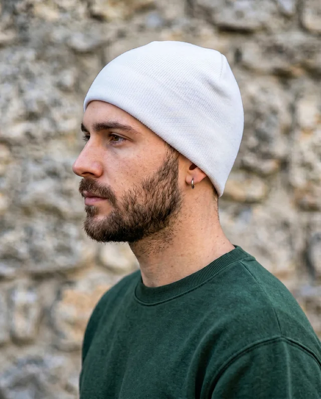 Stylish Beanie Mockup Featuring a Young Man in Profile