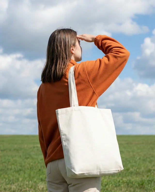 Young Woman in Field with Tote Bag Mockup