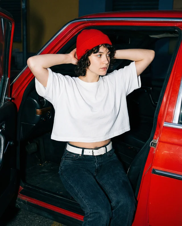 Chic Crop Top Mockup with Vintage Car and Urban Vibes
