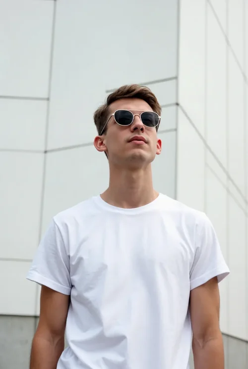 Minimalist T-Shirt Mockup of Young Man in Outdoor Setting
