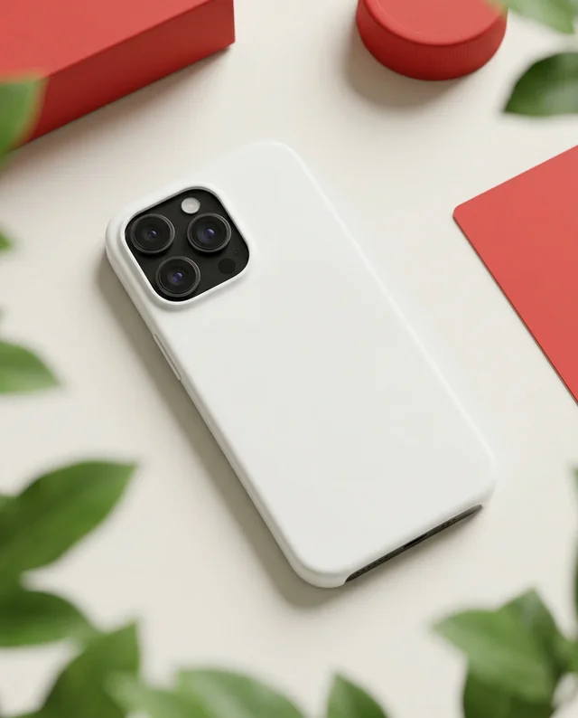 Sleek White Phone Cover Mockup with Vibrant Geometric Shapes