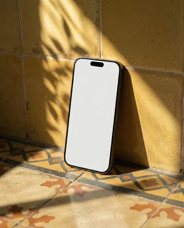Modern iPhone Mockup Against Textured Yellow Wall