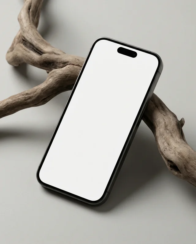 Minimalist iPhone Mockup on Driftwood Background