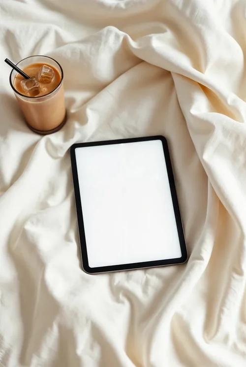 Elegant iPad Mockup on Cream Bedsheets with Coffee