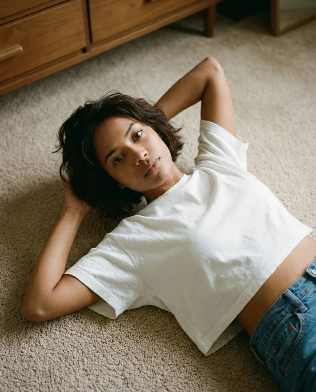 Cozy Mockup of Young Woman in Crop Top on Carpet